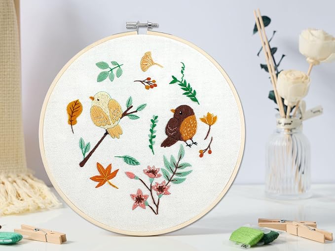 Bonroy 4 Sets Embroidery Set for Beginners, Art Craft, Easy Sewing, Includes Embroidery Clothing, Pattern, Embroidery Hoop, Instruction Manual, Colorful Thread Needles Set (6 Pieces)