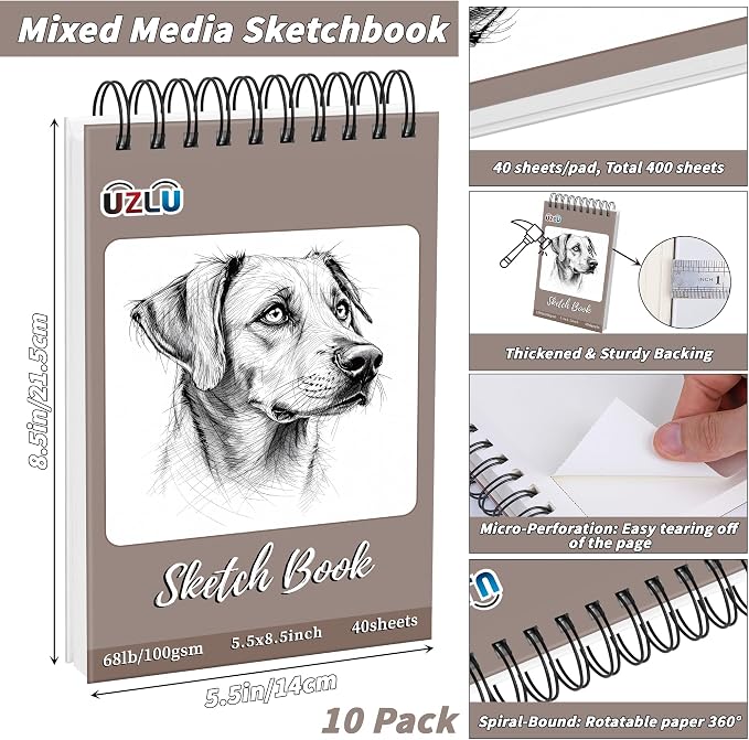 10 Pcs Sketch Books Bulk 5.5 x 8.5 in 400 Sheets Top Spiral Bound Sketch Pad Drawing Paper 40 Sheets Each Acid Free Mixed Media Sketchbook 68lb/100gsm Art Supplies for Beginner Artist