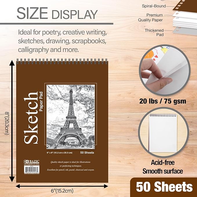 BAZIC Products Spiral Sketch Pad, Top Bound, 6 x 8 in, 50 Sheets, 2-Pack