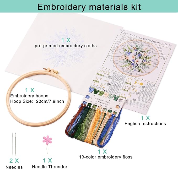 Harimau Letter G Pattern Embroidery Kit for Adult Beginners, Complete Starter Pack with 1 Hoop, Needles, Instruction Guide & Embroidery Stitch Video Tutorials