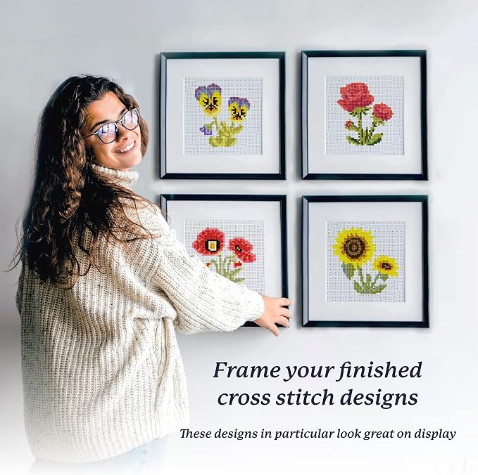 Kraftex Stamped Cross Stitch Kits for Beginners (Flower Theme - 6.75 Inch - 4 Pack 1 x Embroidery Hoop) Embroidery Needlepoint Patterns for Adults, Includes Poppy, Rose, Sunflower and Pansy
