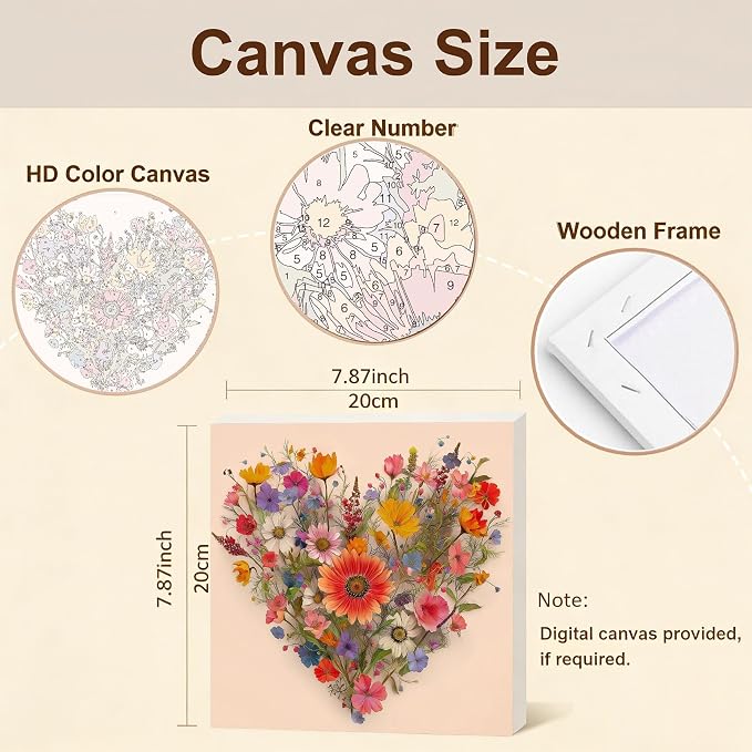 Gemozaic Flowers Paint by Numbers Kit for Adults with Frame and Easel, Heart Shaped Flowers Framed Adults' Paint by Number Kits for Mother's Day Gift,Home, Wall Decor, 8x8 Inch