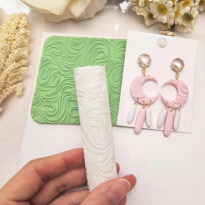 Polymer Clay Texture Roller Work with Polymer Clay Cutters for DIY Earrings Jewelry Making Craft Supplies(Linear Water Ripple Pattern)