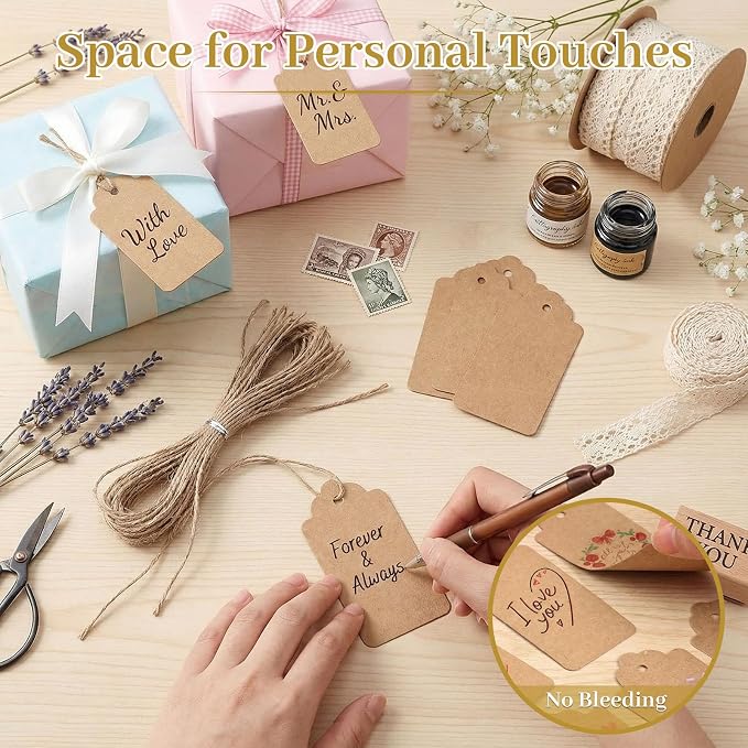 SallyFashion Large Kraft Gift Tags with String, 100 Pack 2 X 4 inch | Scalloped Edge, Natural Jute String, Pre-Punched Design, Retail Tags and DIY Bookmarks