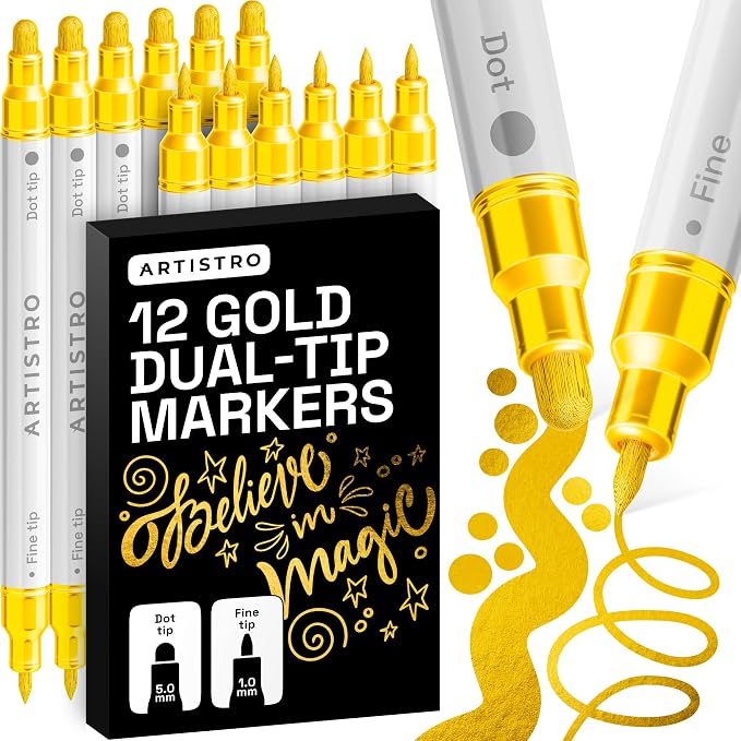 ARTISTRO Gold Dual-Tip Acrylic Paint Marker Pens - Set of 12 | For Fabric, Rock, Glass, Wood, & Coloring Books, Arts & Crafts Gift, Classroom Must Haves & School Supplies (Dot & Fine Tips)