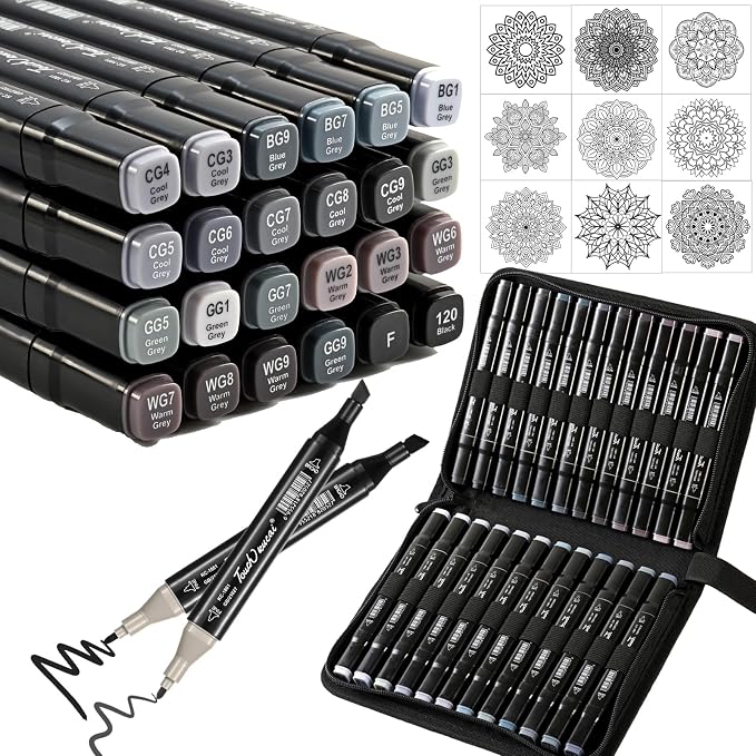 Grey Colors Alcohol Markers Set,24 Color Dual Tips Art Markers,Markers Pens for Artist Adults Coloring Illustration Painting DIY Crafts Making Art Supplies