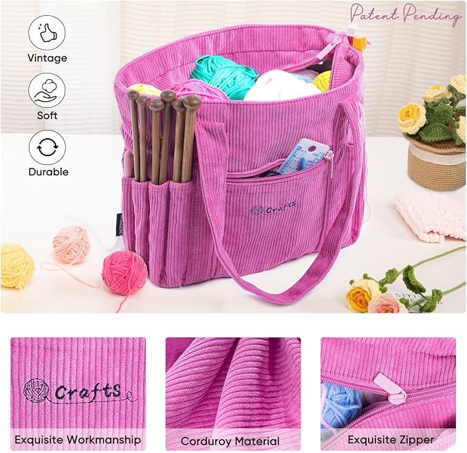 MYBAGZING Crochet Bag and Tote - Corduroy Yarn Bag - Yarn Holder for Crocheting - Crochet Storage Bag for Crochet Hooks, Crochet Accessories, Knitting Bag for Crochet Lovers, Mom Gift