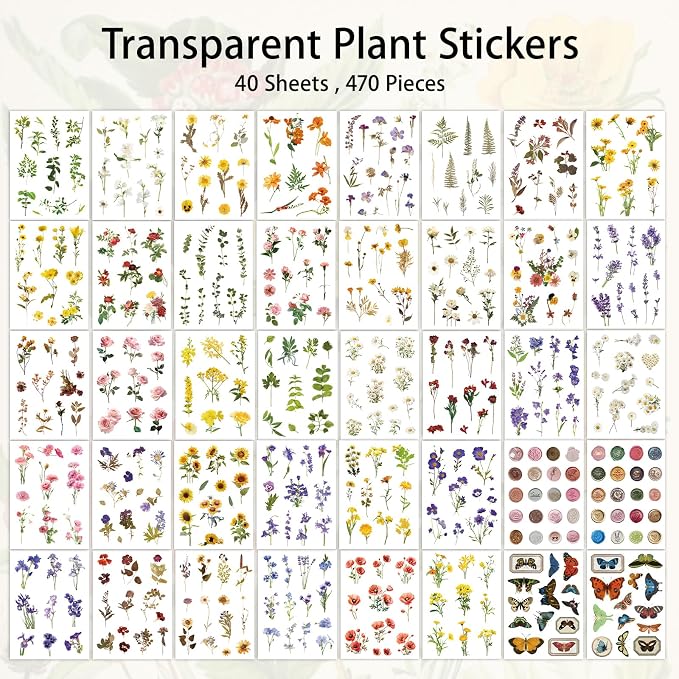 PRSTINCOL Flower Sticker Book, 40 Sheets 470pcs Floral Botanical Themed Journaling Supplies for Scrapbooking Supplies Aesthetic Junk Journal Craft DIY Craft Card Making Laptop