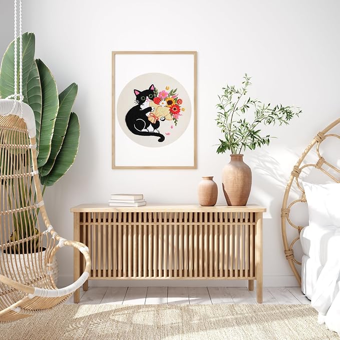 Nuberlic Embroidery Kits for Beginners with Cat and Flower Pattern | Cross Stitch Starter Craft Kits for Adults Including Cloth with Pattern, Hoop, Needles Instruction and Threads