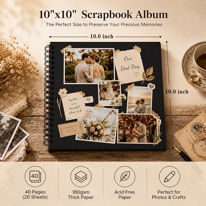 10x10 Inch DIY Scrapbook Album 40 Pages (20 Sheets), Hardcover Kraft Paper