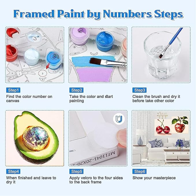 Canrichshop 4 Pack Disco Ball DIY Paint by Number Beginners,Fruit Oil Painting Adults' Paint-by-Number Kits,Acrylic Paint Kit with Frame for All Ages,Easy Paint by Numbers Kids on Canvas 8x8inch