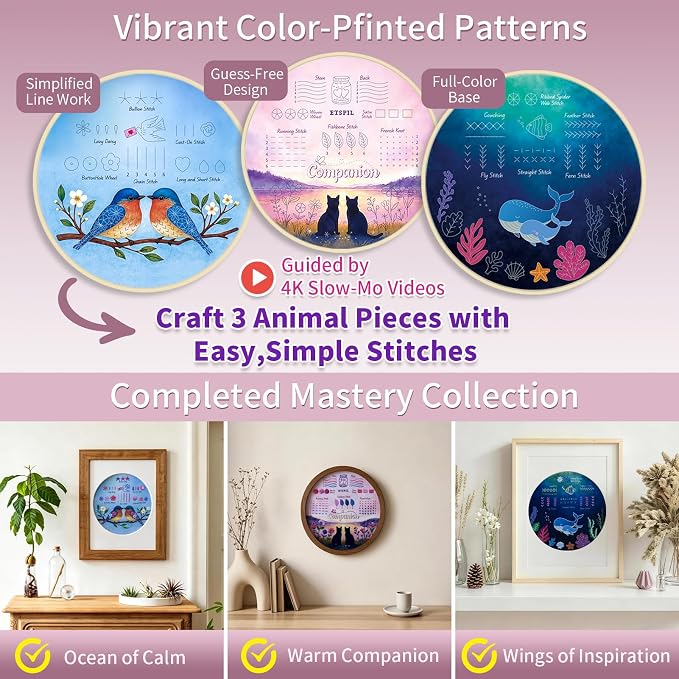 ETSPIL Beginner Embroidery Kit for Adults, Full-Color Print, 4K Video | Pre-Printed, Skip Filling. Bound Stitch Book, Step Manual. Needle Minder, Storage Tube. Weekend Project, Gift for Women