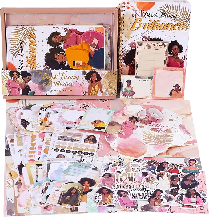 Black Girl Weekly Planner Gift Set - 52 Weeks Undated Planner with 190+ Stickers, Washi Tape, Journal Supplies & Accessories for Teen Girls - Inspirational Productivity Organization Kit, Present Box