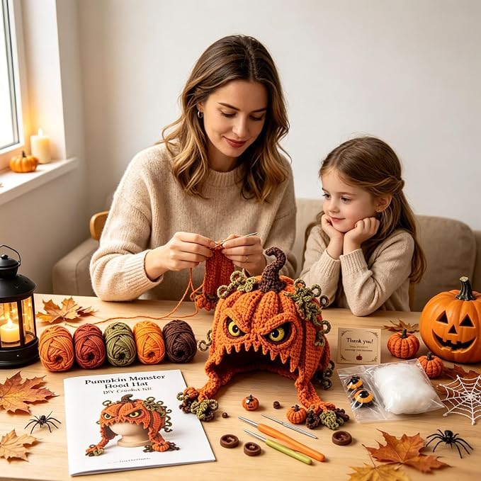 Halloween Hat DIY Crochet Kit, Fantasy Hood Hat DIY Crochet Kit, Pumpkin