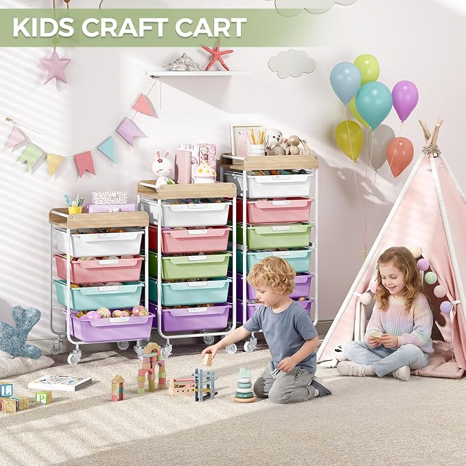 SYKIARIOL Rolling Utility Storage Cart,4 Labeled Ice Cream Colored Drawers | Art Craft Sewing Study Organizer Cart with Wooden Tabletop,for Crafters,Artists,Sewing enthusiast,Kids,Teachers,Students