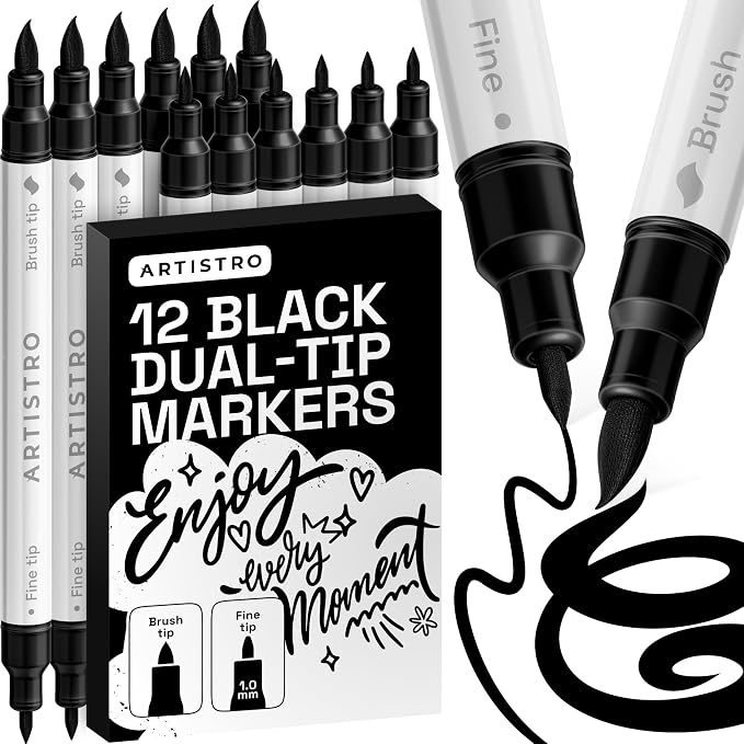 ARTISTRO 12 Black Dual-Tip Acrylic Paint Marker Pens for Drawing | For Fabric, Rock, Glass, Wood, & Molds, Arts & Crafts Gift for Adults, Teens, & Kids, Classroom Must Haves & School Supplies