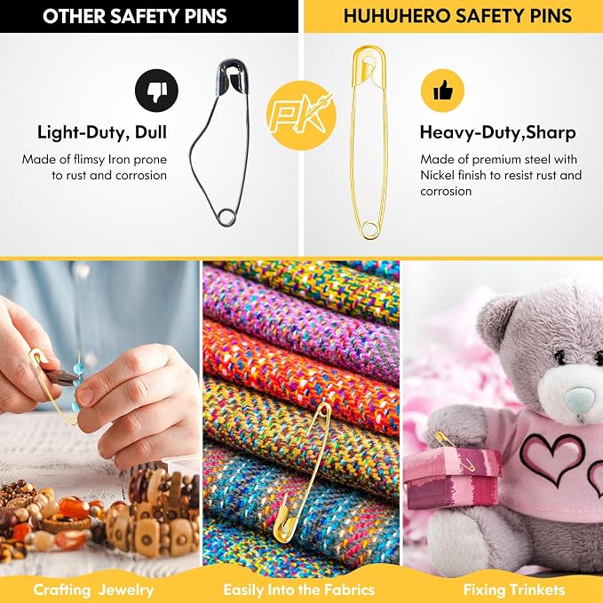 Huhuhero 340 Pack Safety Pins Assorted, 5 Different Sizes Pin Bulk, Gold