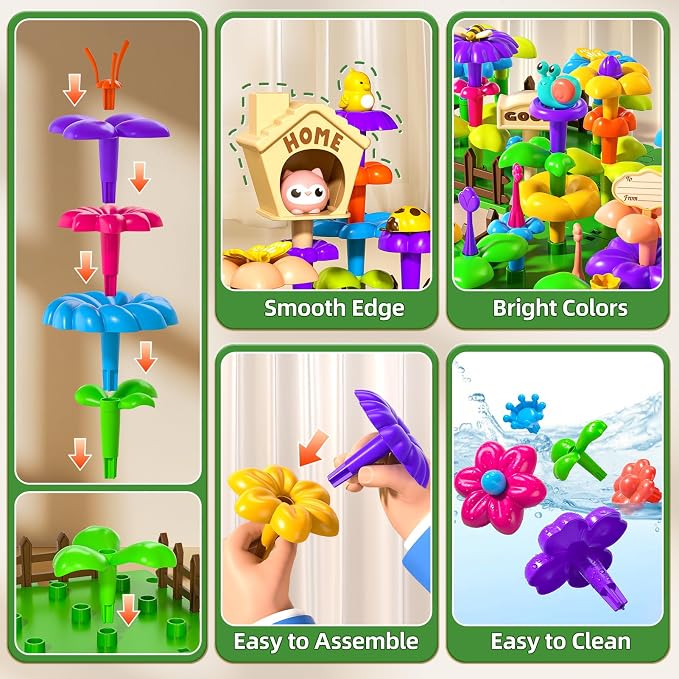 145 Pcs Toys for 3 Year Old Girl, Toddler Gardening Set Flower Garden Toy Girls Building Sets Best Educational Learning Fine DIY Crafts Stem Construction Stacking Kit for 3 4 5 6 7 Years Kids