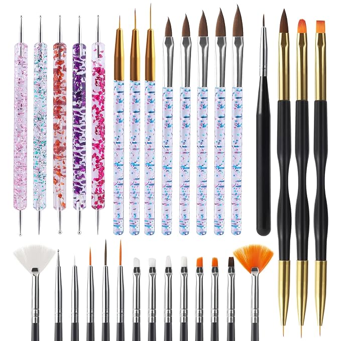 Artdone 31pcs Nail Art Brushes Tools Set Dotting Tools for Gel Polish | Dust Brush,Striping Brushes for Long Lines, Drawing Pen Design supply