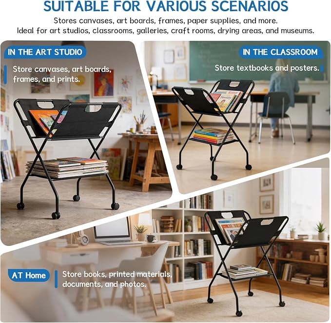Canvas Art Print Rack，Folding Art Storage Rack with Lockable Caster Wheels