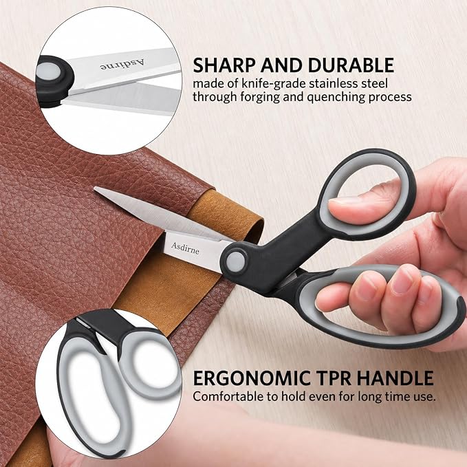 Asdirne Premium Sewing Scissors Bundle, Sharp and Durable, Comfortable Handle, Contains 9”Fabric Scissors, 5”Detail Shear, 3.9”Embroidery Scissors, 4.8”Thread Snips, Black and Gray