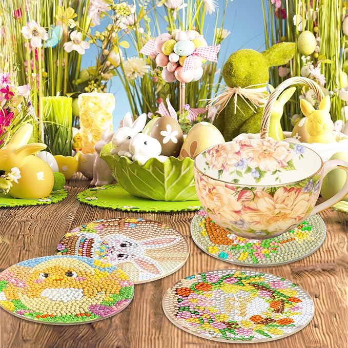 UPINS 8 Pieces Easter Diamond Art Coasters,Bunnies Diamond Art Coaster for Adults Diamond Kits Supplies for Spring Easter Gift