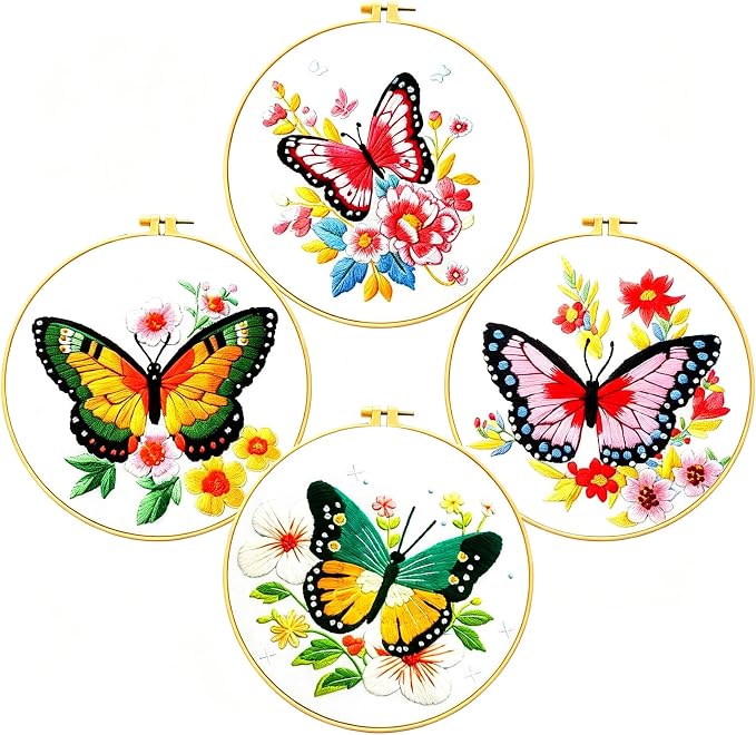 Zhenqing Butterfly Embroidery Kit 11.4x11.4 Inch - Complete Embroidery Set with Fabric, Threads, Needles & Hoop - Beginner-Friendly DIY Craft Kit for Adults (C0040)