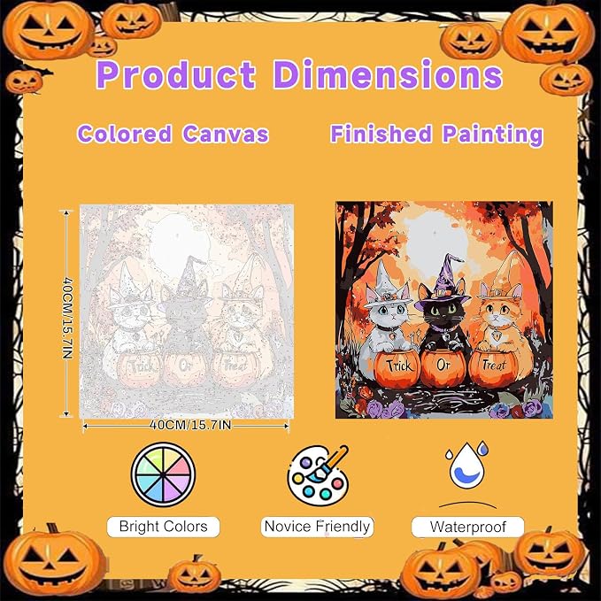 Halloween Paint by Numbers for Adults, Witch Cats Paint by Number on Canvas