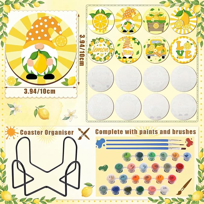 Reallnaive 8 Pcs Lemon Paint by Numbers Kit for Adults Wooden Coasters | Mini Paint by Numbers, Tiny Yellow Gnome Round Oil Painting Drink Coaster with Holder, for Small DIY Craft Birthday Gift