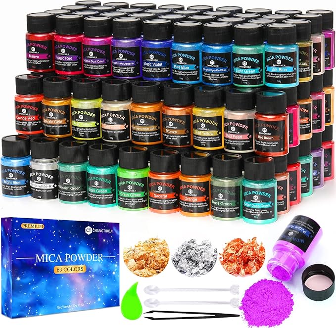 CHANGTIKEJI Mica Powder，63 Colors - 10g/Bottle of Natural Pigment Powder for Epoxy Resin，Lip Gloss，Eye Shadow,Car Paint, Dye,Soap Making,Nail Polish,Candle Making,Bath Bombs