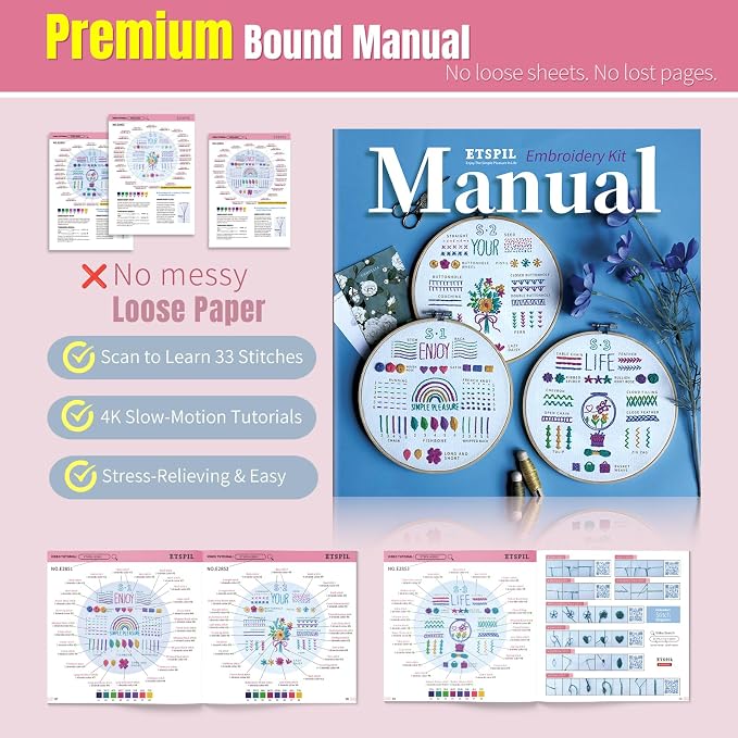 ETSPIL Beginner Embroidery Kit for Adults, No-Wash Finish, 4K Video | Pre-Printed, Guides Vanish. 20% Extra Floss, Bound Manual. All Tools Included. Gift-Ready. Relaxing Craft at Home