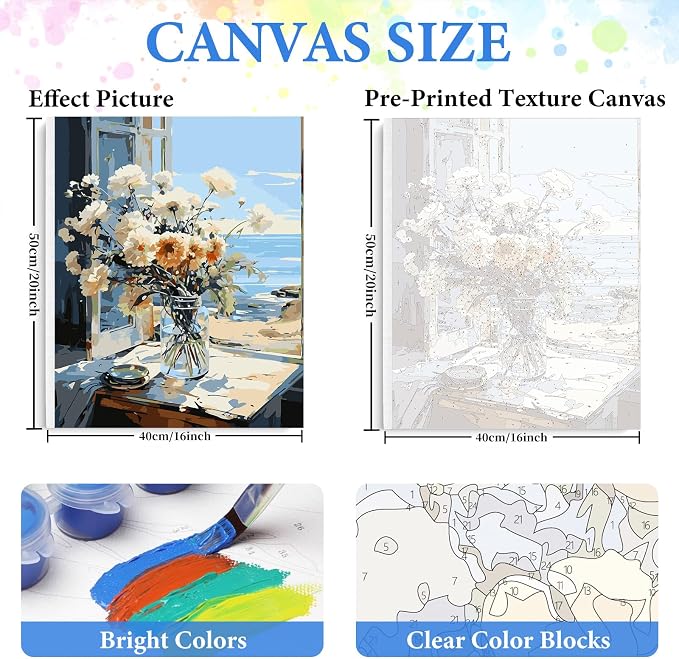 PRASIO Framed Paint by Numbers Kit for Adults Beginner, Flowers Adult Paint by Number Kits on Canvas Framed, DIY Acrylic Watercolor Oil Paint by Numbers with Frame for Gift Home Decor 16x20 Inch
