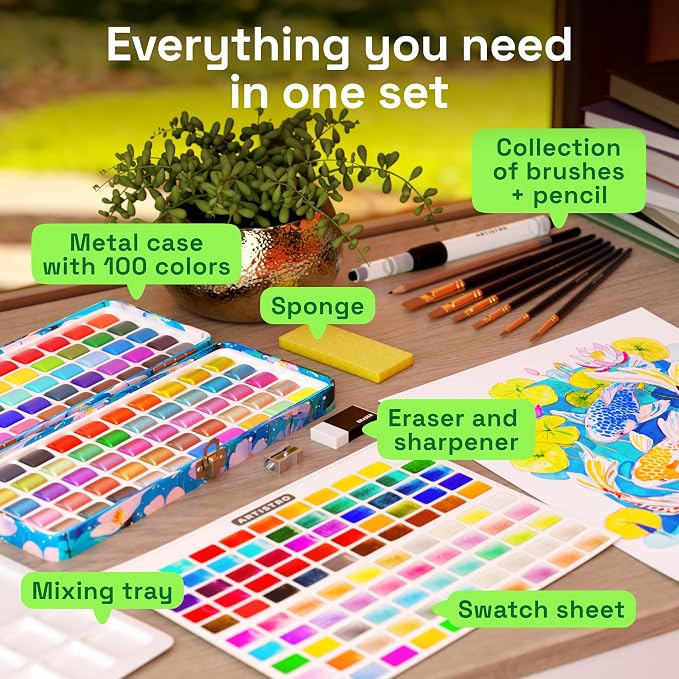 ARTISTRO Watercolor Paint Set with Palette & Brush Pens - 100 Colors | Portable Paint Art Kit, Travel Water Color Set, For Adults, Professionals, & Kids, Art & Painting Supplies, Gift Idea