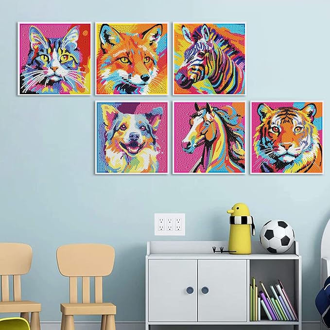 ajepon 6 Pack Animal Diamond Art Kits for Kids, Animals Diamond Art for Kids Ages 8-12, Dog Cat Tiger Zebra Fox Horse Gem Painting Kits for Kid for Gift Home Wall Decor (6x6inch)