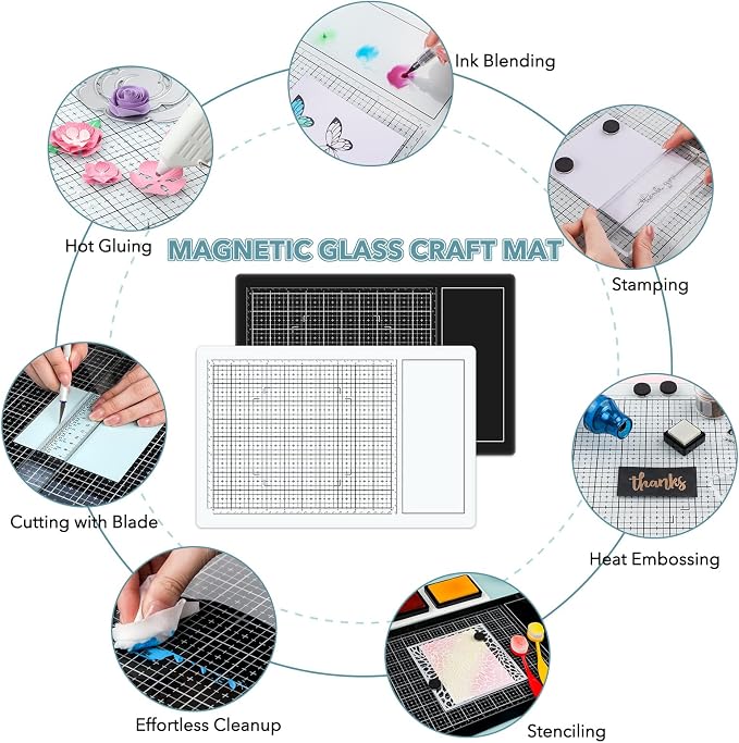 9Pcs/SetMagnetic Glass Craft Mat Set; 15.75"x10.24"Heat Resistant Glass Media Cutting Mat W/MagnetsGridlines and measurements; for Cutting, Stamping, Mixed Media, Heat Embossing and Hot Glue Projects