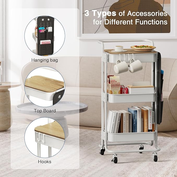 DTK 3-Tier Rolling Cart with Table Top, Metal Utility Cart with Side Bags