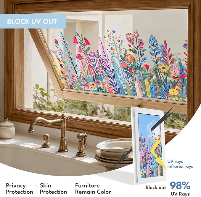 ADD.HERES Window Privacy Film,Colorful Floral Window Stickers,Removable DIY Bouquet Static Clings, Decals for Home School Office Party Supplies, Vivid Flower Field, 17.5" x 78.7"