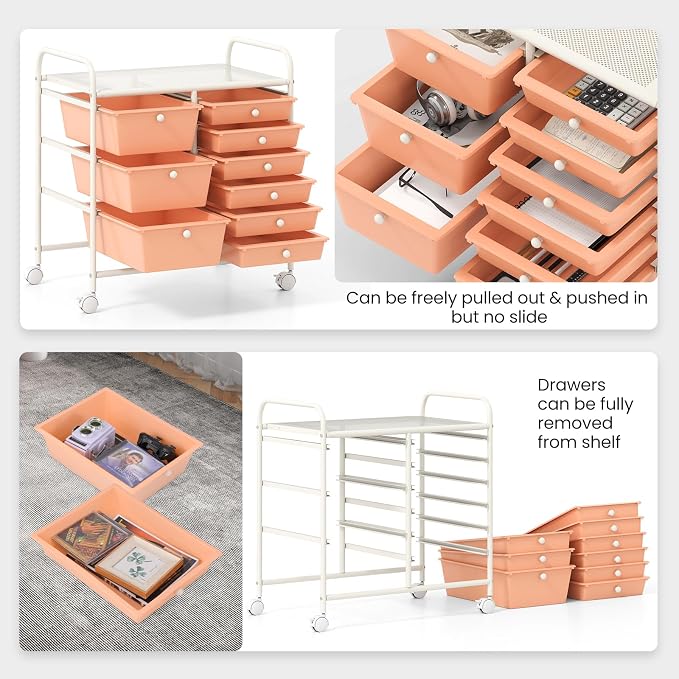 Giantex 9 Drawers Rolling Cart, Classroom Organizers, Storage Cart with Wheels, for Teacher Office Home School Supplies Tool Craft Art Paper, Peach Fuzz