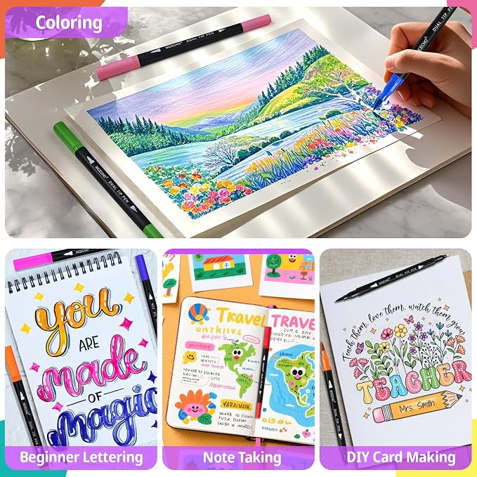 Nicecho 24 Colors Dual Tip Art Markers Pens for Adult Coloring Books | Brush and Fineliner Tip Art Suppliers for Journaling Note Taking Lettering