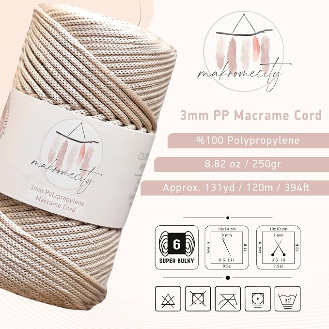 Makromecity, Premium Polyester Macrame Cord 3mm x 131 Yards (394 feet) 3mm Polypropylene Latte Macrame Cord Crochet Macrame Bag Cord Crafts for Wall Hangings, Bags, Underplate, Rug…