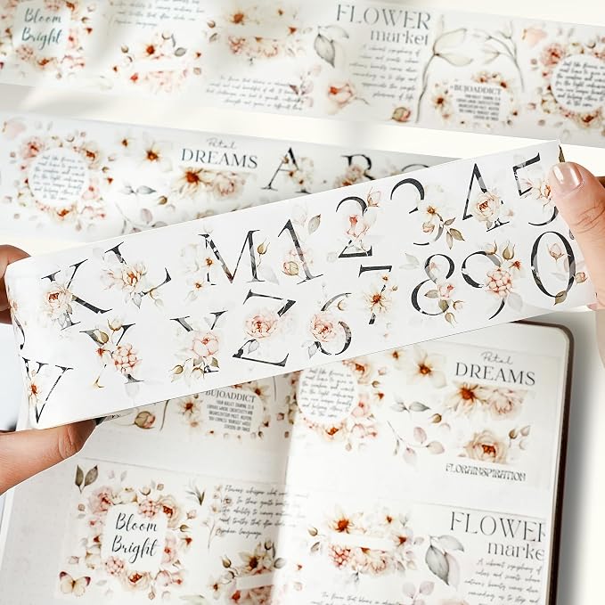 WT Pre-Cut Rosé Scripts Wide Washi Tape, Single Roll, Original Designs, Blush Floral & Handwritten Script, Japanese Decorative Paper Tape, Junk Journal Scrapbook Bujo Planner DIY Craft Supplies