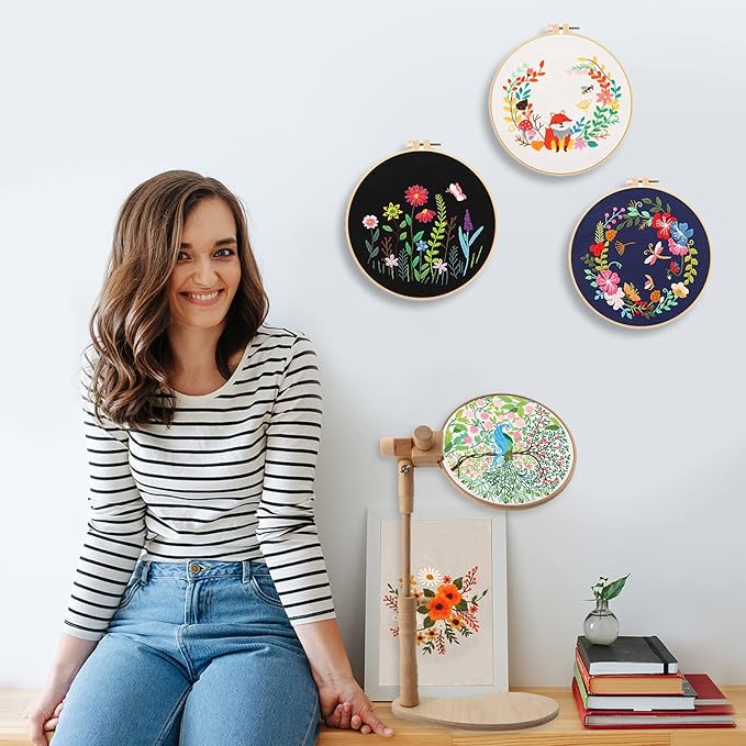 ZOCONE Beech Wood Embroidery Hoop Stand with 2 Pcs 6'' 8'' Embroidery Hoops | Natural Wooden Adjustable Rotated Embroidery Stand, Embroidery Hoop Holder for Cross Stitch and Embroidery Project