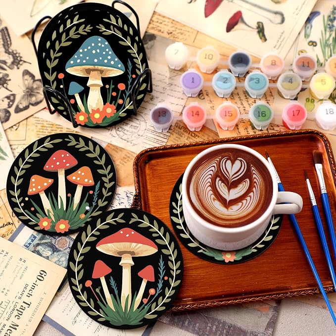 Reallnaive 8 Pcs Mushroom Paint by Numbers Kit for Adults Wooden Coasters | Mini Paint by Numbers, Tiny Black Round Oil Painting Drink Coaster with Holder, for Small DIY Craft Birthday Gift