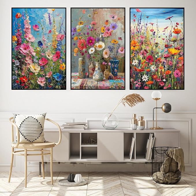 3 Pack Floral Framed Paint by Numbers for Adult with Wooden Easel 8x12 inch | Wildflowers Paint by Number on Canvas Oil Painting Kit with Brushes, Easy Adults' Paint-by-Number Kits for Home Wall Decor