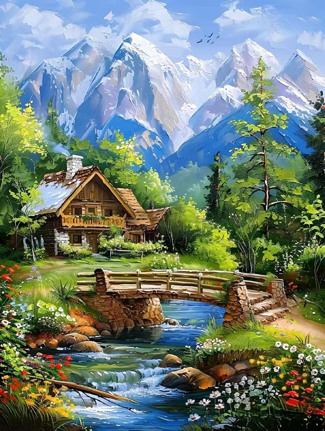 PINFFSHU Landscape Diamond Painting Kit for Adults: Rustic Wood Cabin, Wildflower Meadow, Sparkling Stream & Snowy Peaks - 5D DIY Full Round Drill Diamond Art Kits Home Wall Art Decor, 12x16 Inch