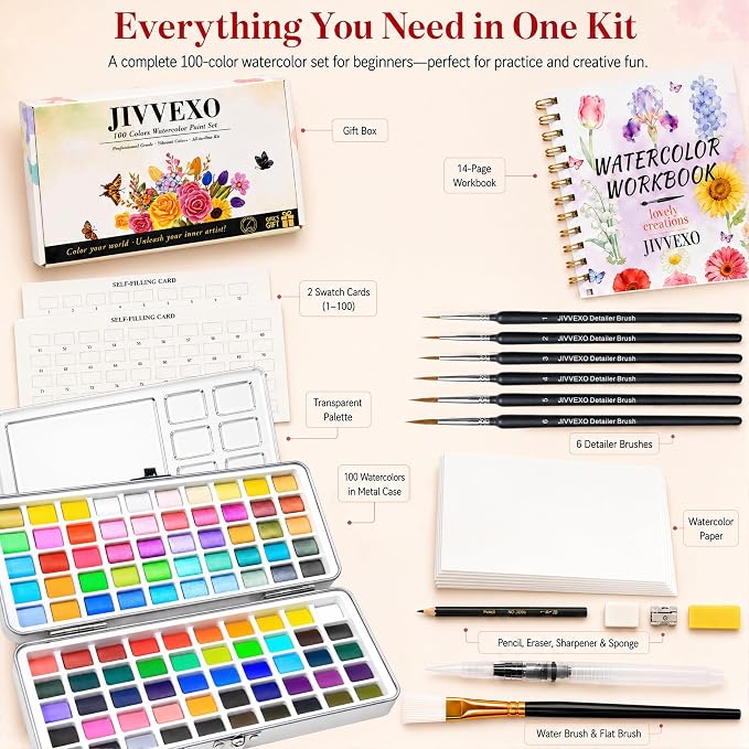 100 Colors Watercolor Paint Set with Watercolor Workbook for Adults | Travel Watercolor Set with 14 Pre-Drawn Projects, 1 Water Brush, 6 Detail Brushes & Painting Supplies for Teens & Beginners