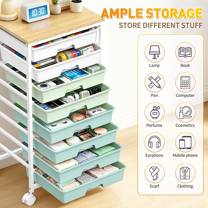 SUNALLY Rolling Cart With 8 Drawers,Storage Drawer Cart for Craft Art,Green | Storage Utility Cart with Wooden Tabletop & 2 Lockable Wheels, Teacher Storage Cart for Classroom School Storage, Makeup,Nail
