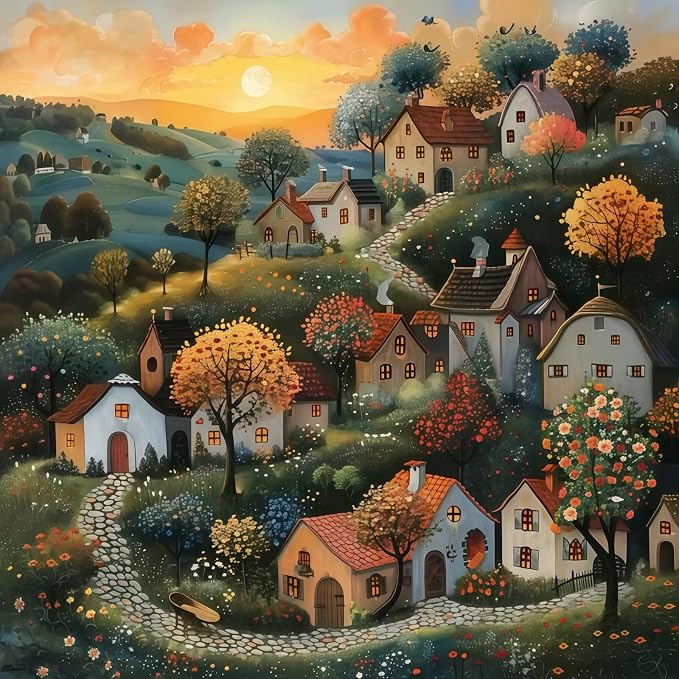 Diamond Art Kits for Adults,Country Cottage 5D Diamond Painting Kits | Dots for Adults,5D DIY Paint by Diamonds,Full Drill Round Diamond Dot Gem Art Painting, Home Wall Decor, 13.8X13.8 inch