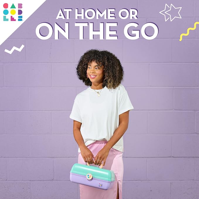 Caboodles On-The-Go Girl Makeup Box, Seafoam on Lavender, Hard Plastic Makeup Organizer Box, Built-In Mirror, Secure Latch for Safe Travel, Spacious Storage for Large Items