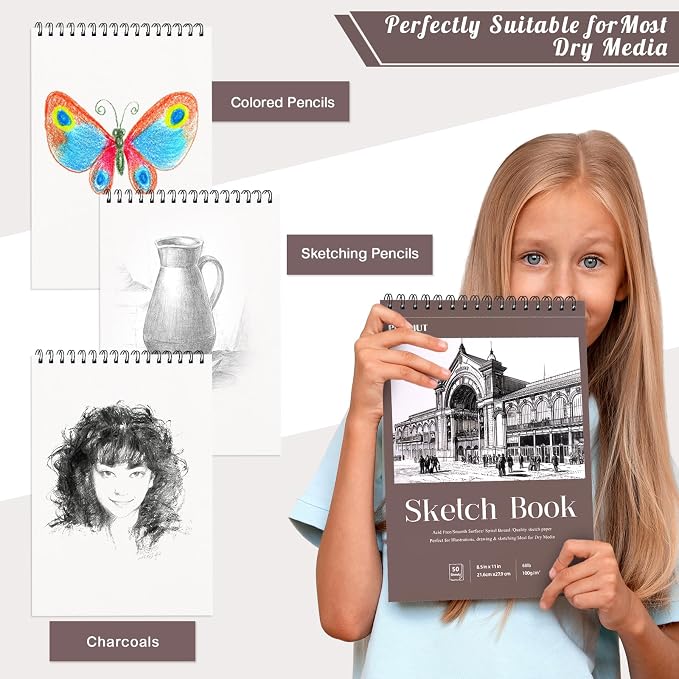 2 Pack Sketch Book 8.5 × 11 in, Spiral Sketch Pad, 50 Sheets Each | 68 Lb/100 gsm Acid-Free Paper, Perforated Pages, Spiral Bound, Backboard Support, for Pencil Charcoal Pastel